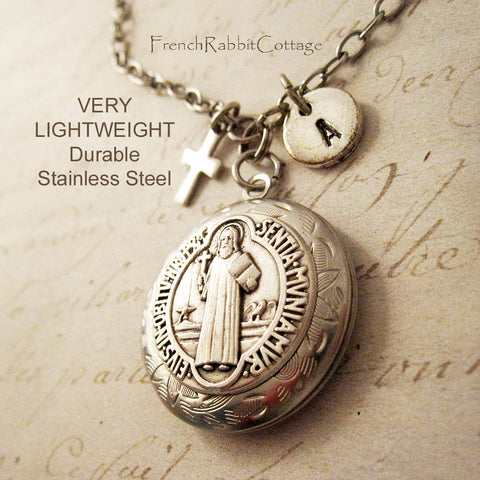 Saint Benedict Locket Necklace with Personalized Initial