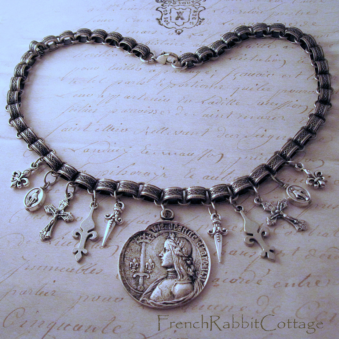 Joan of Arc Assemblage Necklace (Fleur de Lis, Crucifix, Sword)