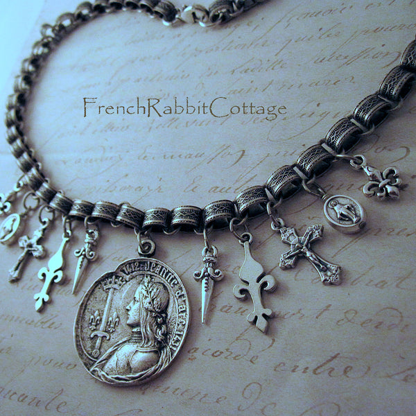 Joan of Arc Assemblage Necklace (Fleur de Lis, Crucifix, Sword)