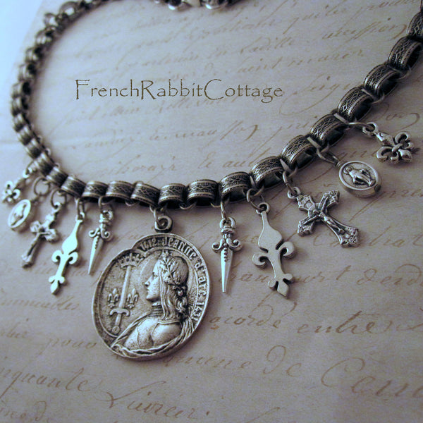 Joan of Arc Assemblage Necklace (Fleur de Lis, Crucifix, Sword)