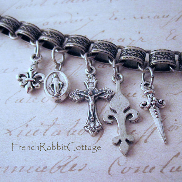 Joan of Arc Assemblage Necklace (Fleur de Lis, Crucifix, Sword)