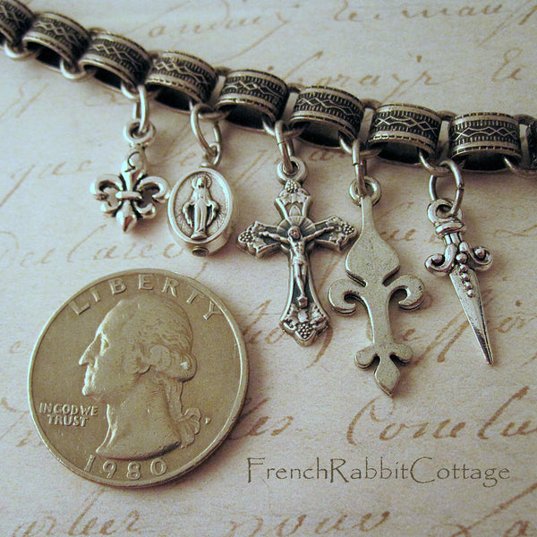 Joan of Arc Assemblage Necklace (Fleur de Lis, Crucifix, Sword)