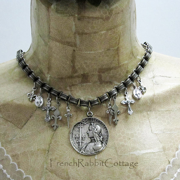 Joan of Arc Assemblage Necklace (Fleur de Lis, Crucifix, Sword)