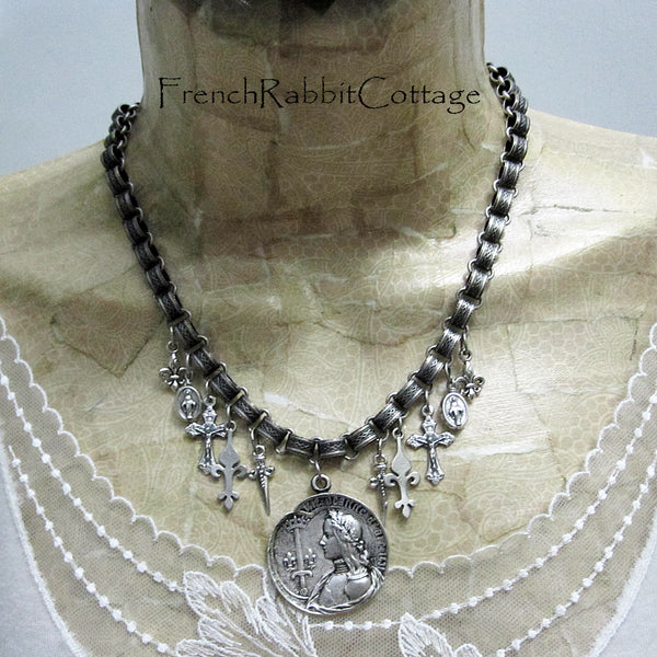 Joan of Arc Assemblage Necklace (Fleur de Lis, Crucifix, Sword)