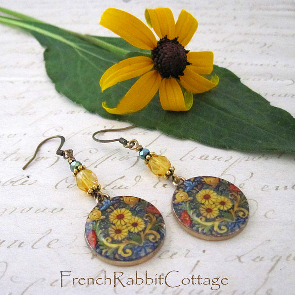 Colorful Sunflower Dangle Earrings (with Topaz Glass Beads)