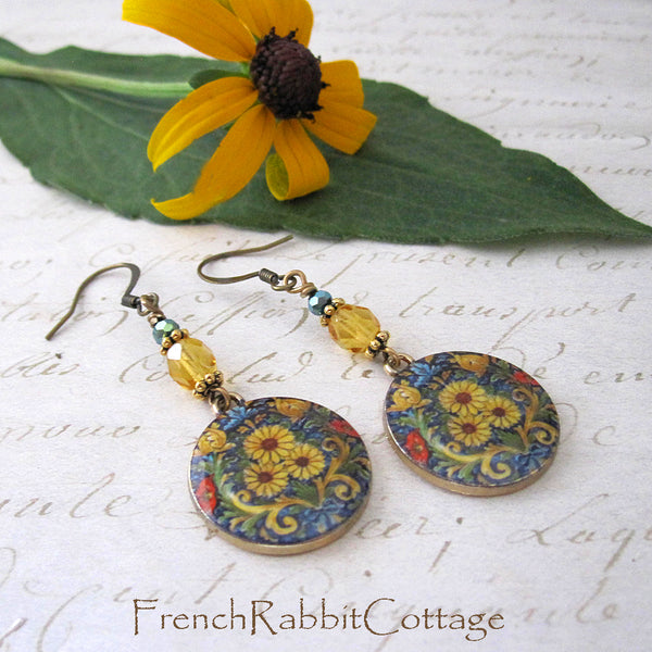 Colorful Sunflower Dangle Earrings (with Topaz Glass Beads)