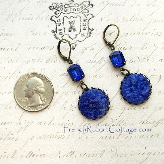 Sapphire Cobalt Blue Glass Earrings with Vintage Rhinestones