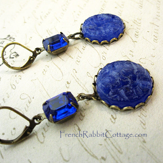 Sapphire Cobalt Blue Glass Earrings with Vintage Rhinestones