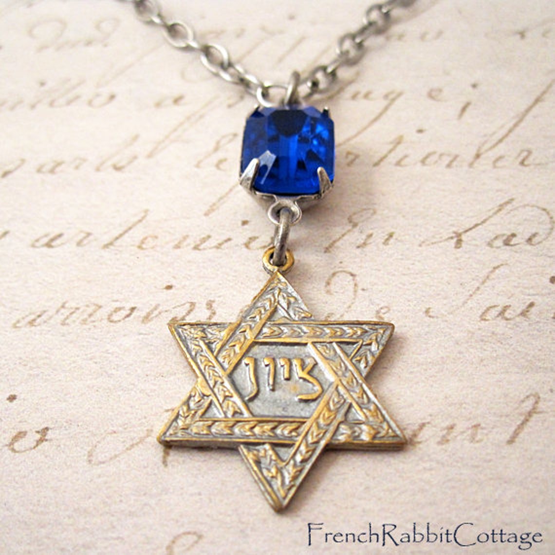 Star of David Necklace Pendant (Silver Patina and Sapphire Rhinestone)