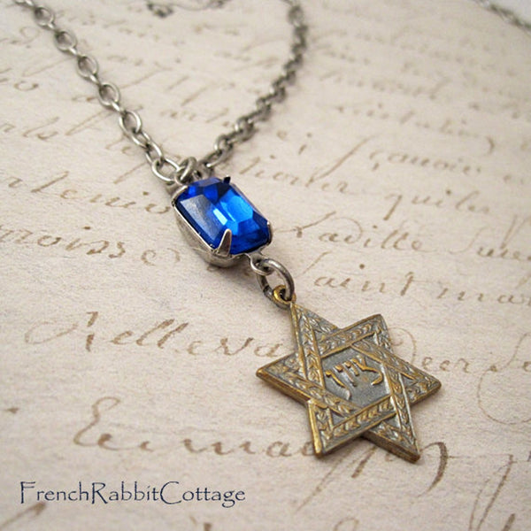 Star of David Necklace Pendant (Silver Patina and Sapphire Rhinestone)