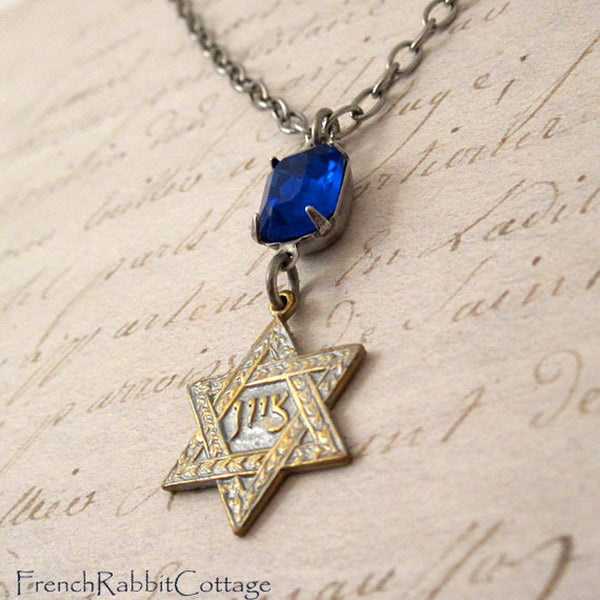 Star of David Necklace Pendant (Silver Patina and Sapphire Rhinestone)